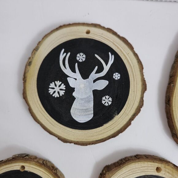 Set of 8 Rustic Wooden Log Pine Chips Black White Christmas Ornaments - Picture 10 of 11